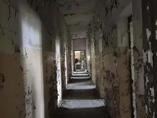 Miniatura: Dwa niewielkie budynki, ruiny i mały komin z drabiną